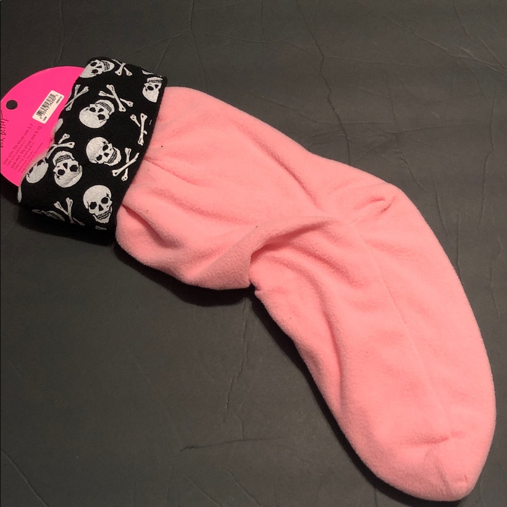 Betsey Johnson pink black skull printed calf height fleece boot liner warmers